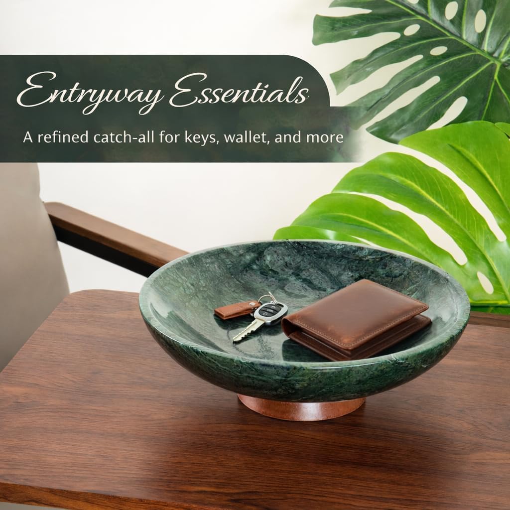 Decorative Marble Bowl Green - Handcrafted Natural Stone on Acacia Wood Pedestal - Versatile 10" Catch‑All Centrepiece for Home Decor - Entryway, Dining Table, Kitchen Fruit Bowl, Key Holder (Green)