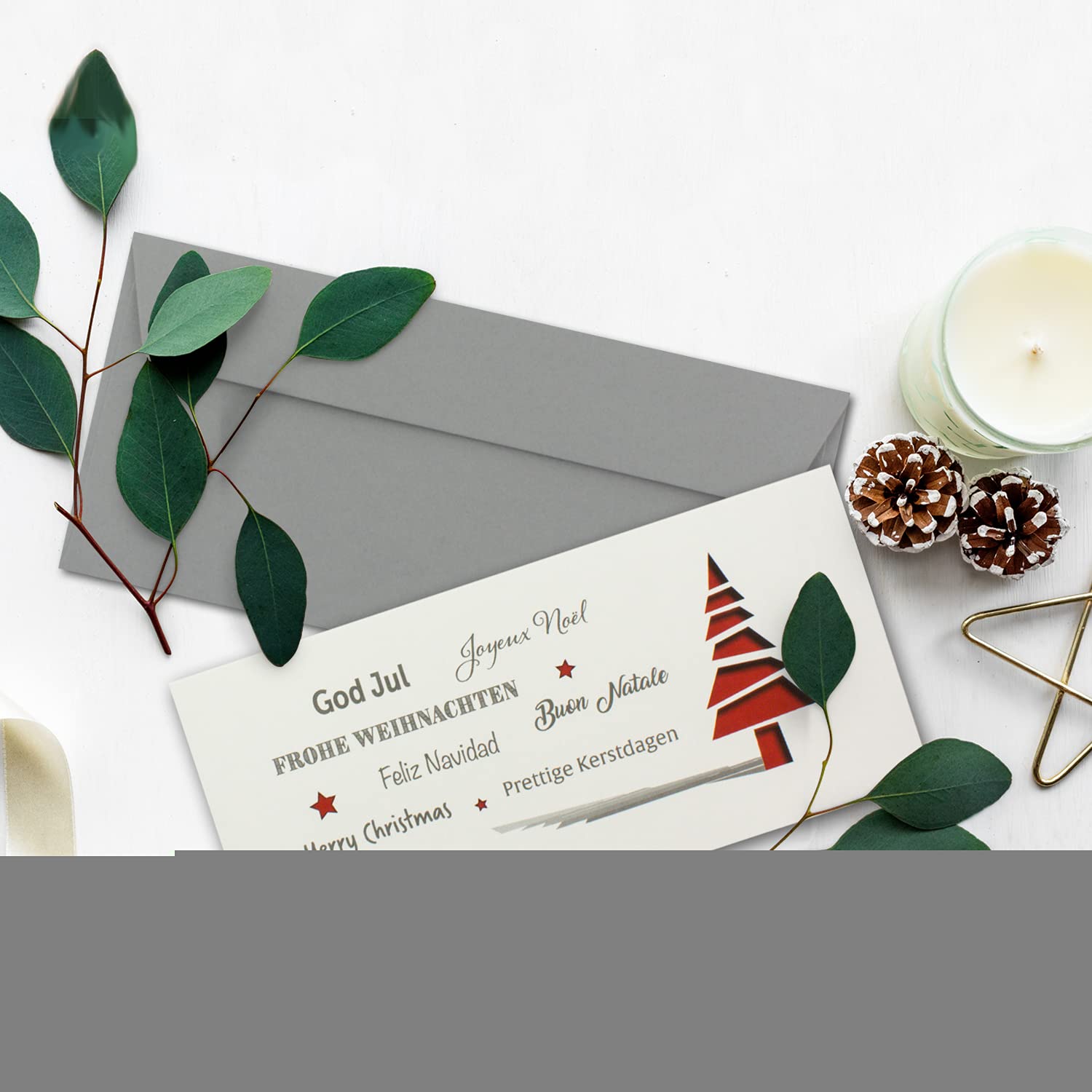 Juego de 200 tarjetas de Navidad DIN largas, en color crema con abeto rojo y texto, tarjetas plegables con sobres DIN largo gris con adhesivo – saludos de Navidad para empresas y privadas