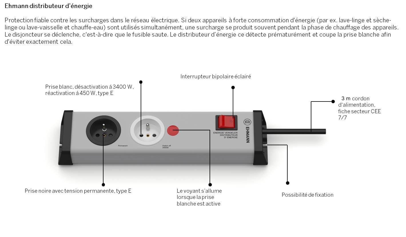 Steckdose des Stromverteilers, gleichzeitiger Betrieb von 2 Geräten mit hohem Energieverbrauch auf einem Stromkreis, 3 m Kabel, französische Version