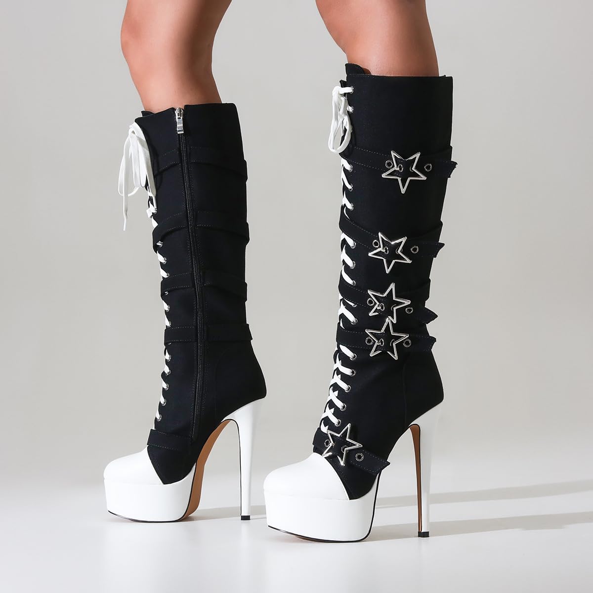 Feinlina Women's Fashion Canvas Knee High Stiletto Boots Round Toe Lace-up Platform Heels Club Party Booties - Image 2