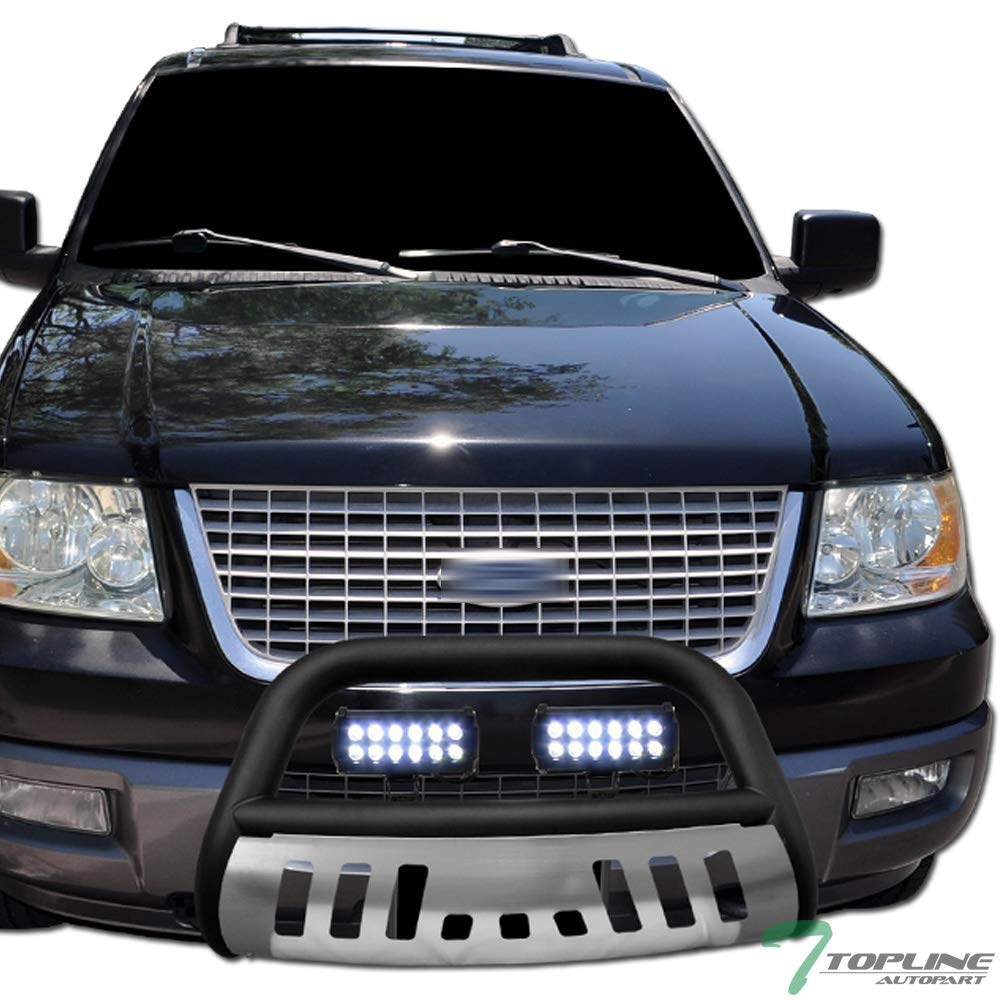 Matte Black Bull Bar Push Front Bumper Grille Guard with Aluminum Skid Plate + 36W CREE LED Fog Lights Compatible with 04-23 Ford F150 / 03-17 Expedition / 03-14 Lincoln Navigator / 06-08 Mark LT