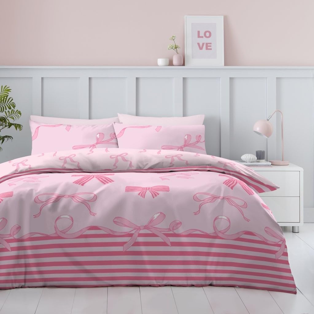 Lions Pink Duvet Cover Sets - 3 Pcs Poly Cotton Floral Bedding With Matching Pillowcase, Soft Reversible Flowers Printed Quilt Covers, Single Bed Size, 137X200cm