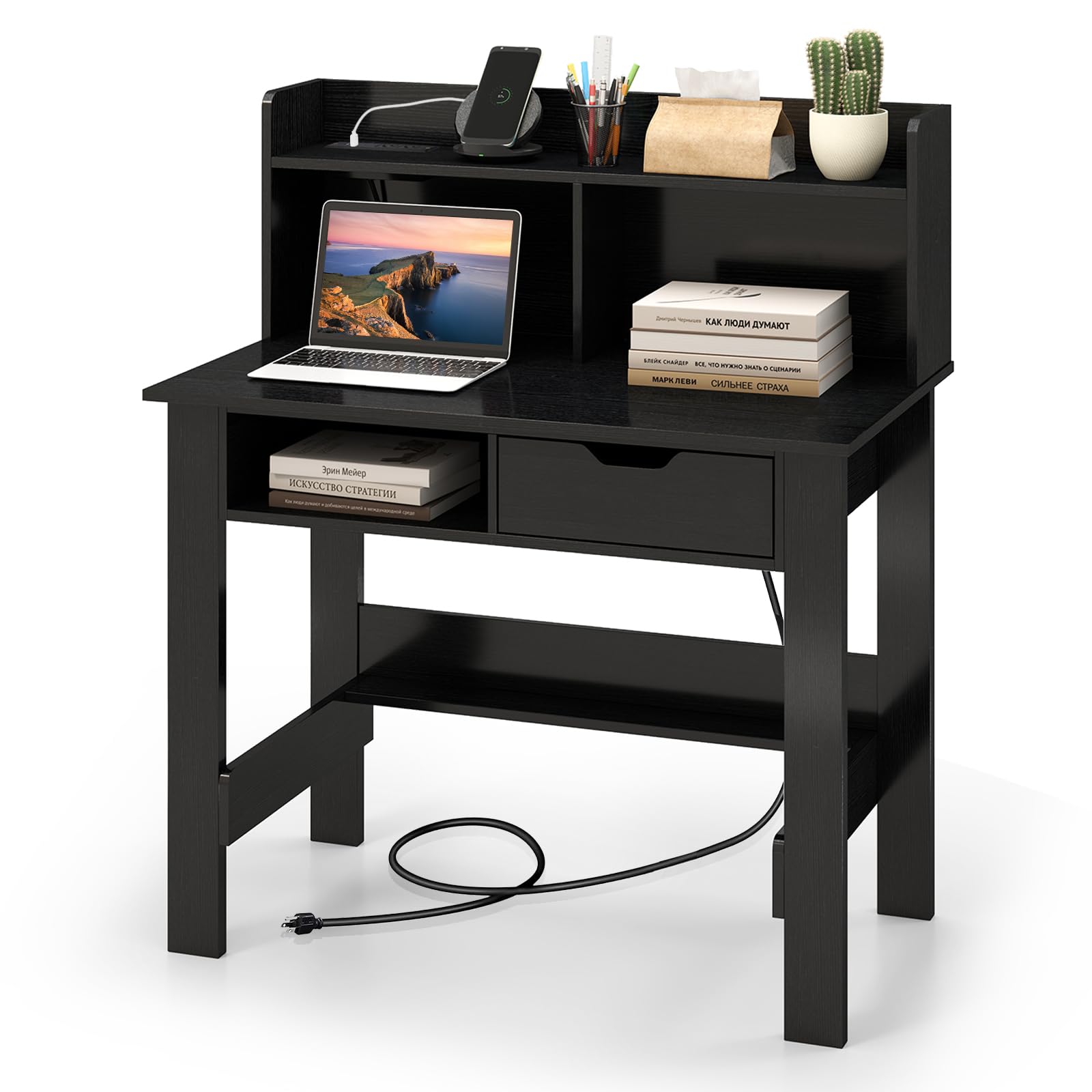 Tangkula Computer Desk with Drawer & Hutch, Home Office Writing Desk with Charging Station & Storage Shelves, Modern Space-Saving Computer Workstation
