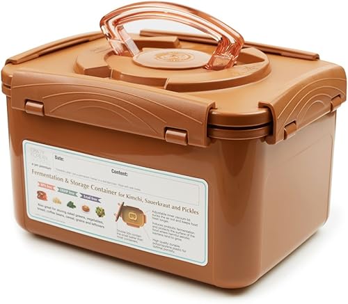 Miniatura 2 de Crazy Korean Cooking Recipiente de fermentación y almacenamiento de Kimchi, chucrut con tapa interior al vacío, marrón arena (1.3 galones (5.2