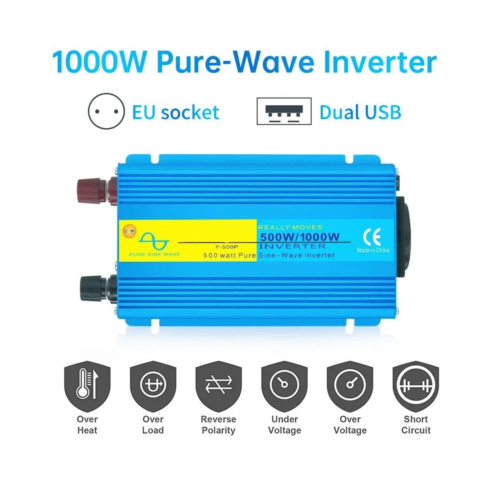 Convertidor Inversor Transformador Inversor De Onda Sinusoidal Pura De 1000 W CC 12 V CA 220 V 50 Hz 60 Hz Convertidor De Potencia para El Hogar Y El Coche Energía Solar(EU 50Hz)