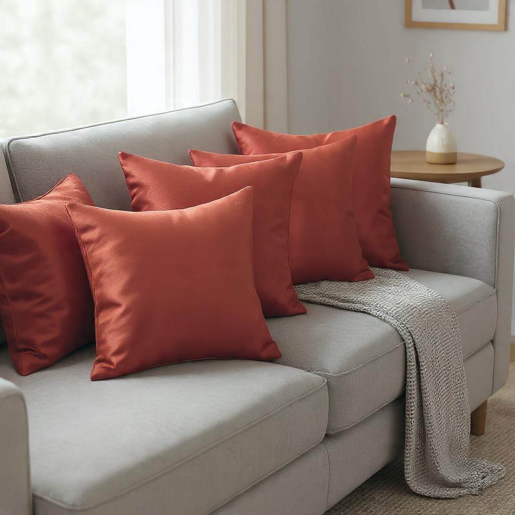 BUNIO Cushion Cover 16 inch x 16 inch Set of 5, Silk Plain Solid Sofa Cushion Covers for Living Room, Decorative Pillow Covers 40x40 cm, Rust Orange-image-9