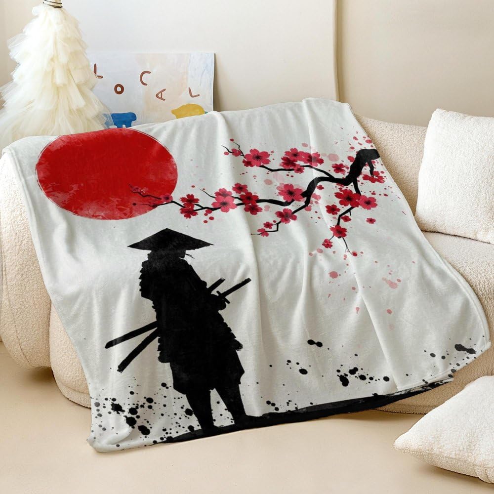 Couverture imprimée Samouraï Ukiyo-e en flanelle douce, grand plaid de lit 200 x 200 cm