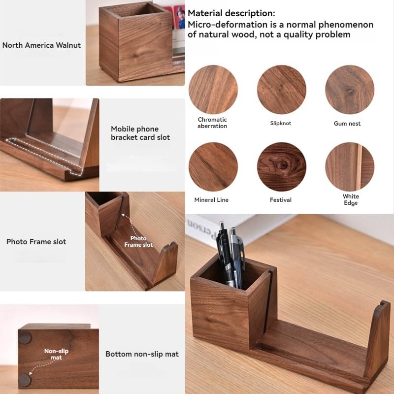 Portalápices de madera personalizado para escritorio con soporte para teléfono celular, grabado personalizado de texto/fotos, organizador de escritorio de madera maciza, regalos para compañeros de