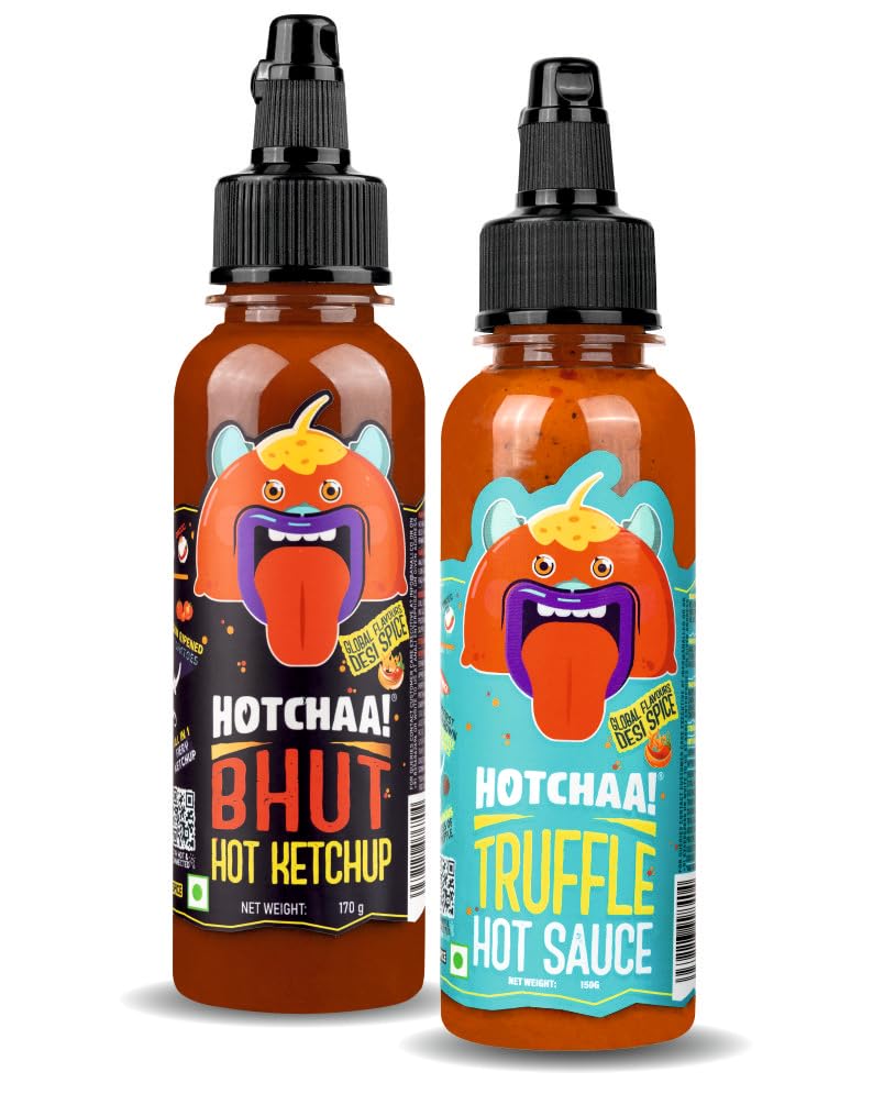 HOTCHAA! Dynamic Duo Combo of 2 Truffle Hot Sauce & Bhut Hot Ketchup (170g Each) Spicy & Umami Truffle Hot Sauce and Smoky & Tangy Bhut Hot Ketchup, Small Batch, Vegan, NO MSG