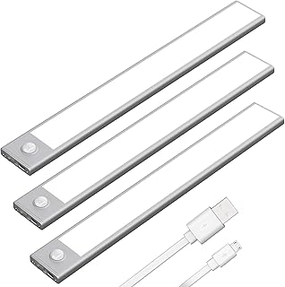 Klighten 3 Pezzi Luce Armadio Batteria Ricaricabile 53 LED, 30cm, 3 Modalità, Luce Notturna con Striscia Magnetica, Luci Led Armadio con Sensore Movimento per Cucina Guardaroba, 5800-6200K, Argento