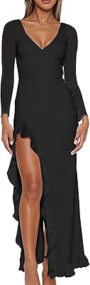 Mokoru Women Sexy V Neck Long Sleeve Mesh Bodycon Ruffle Hem Split Cocktail Party Maxi Dresses