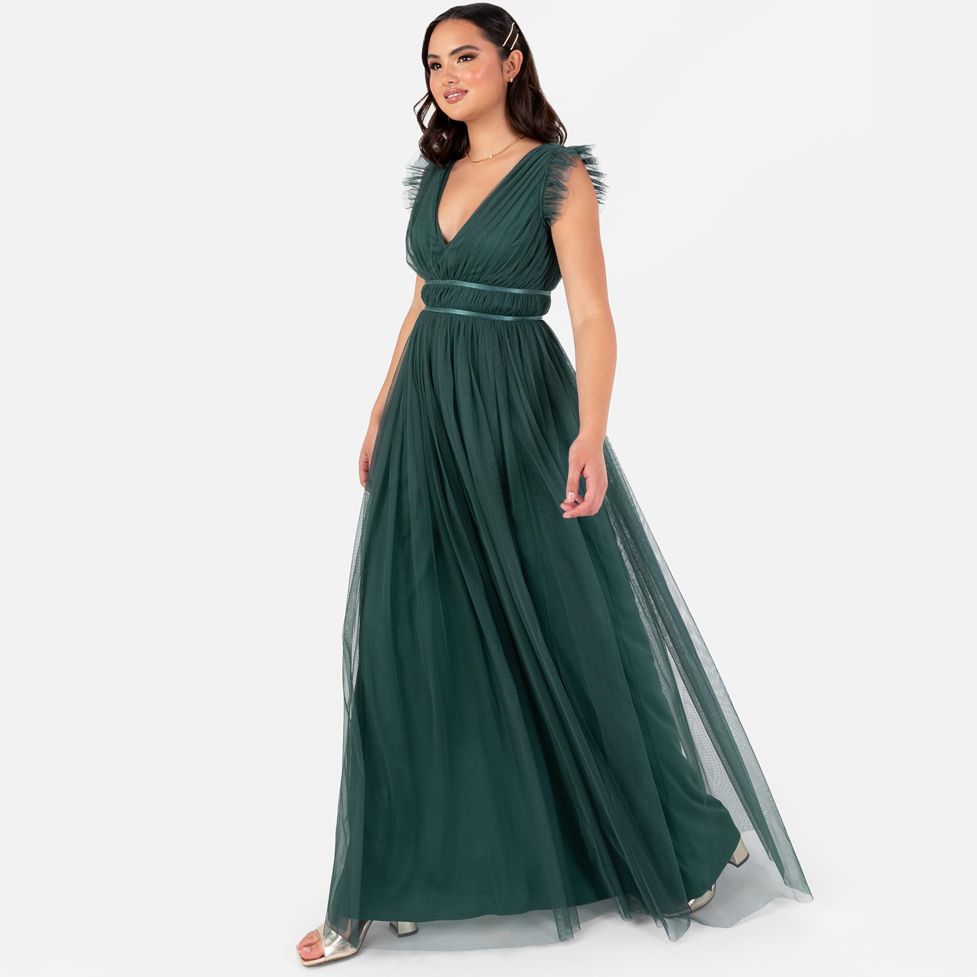 Anaya with Love Women's Maxi Dress Ladies cap Sleeve V-Neck Satin Detail Tulle A-Line Bridesmaid Wedding Guest Occasion Prom Ball Gown Donna