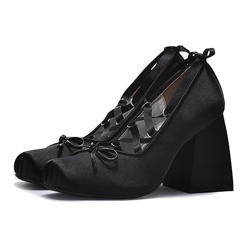 KOKOMOMO Womens Cute Goth Lolita Cosplay Shoes Bow Heels Mary Jane Platform Satin Heels Lace Up Chunky Heel Pumps - 9.5 - Black