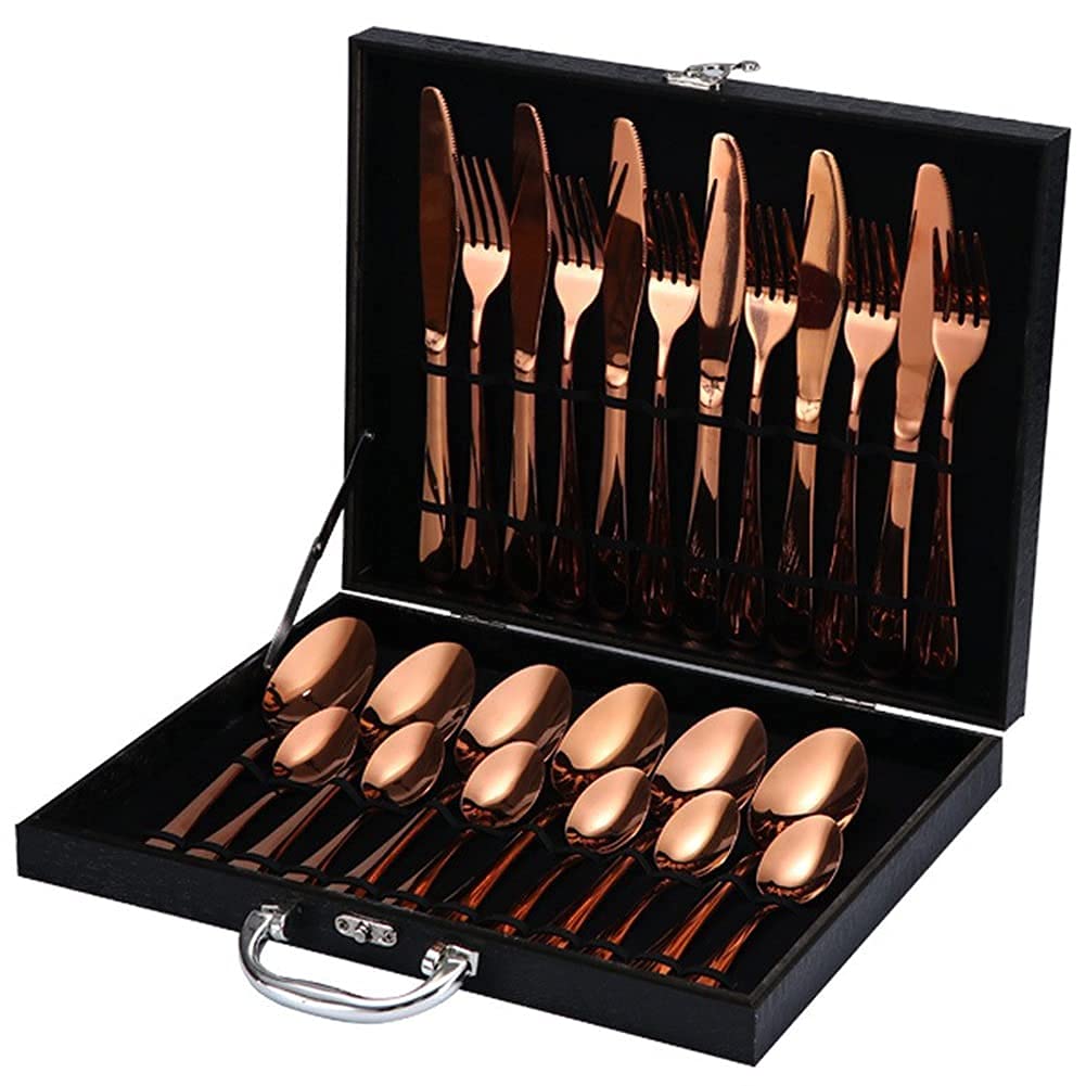 Ménagère en Acier Inoxydable, 24 pièces, Couverts en Acier Inoxydable, Coffret Cadeau avec Couteaux, fourchettes et cuillères polis Miroir (Or Rose)