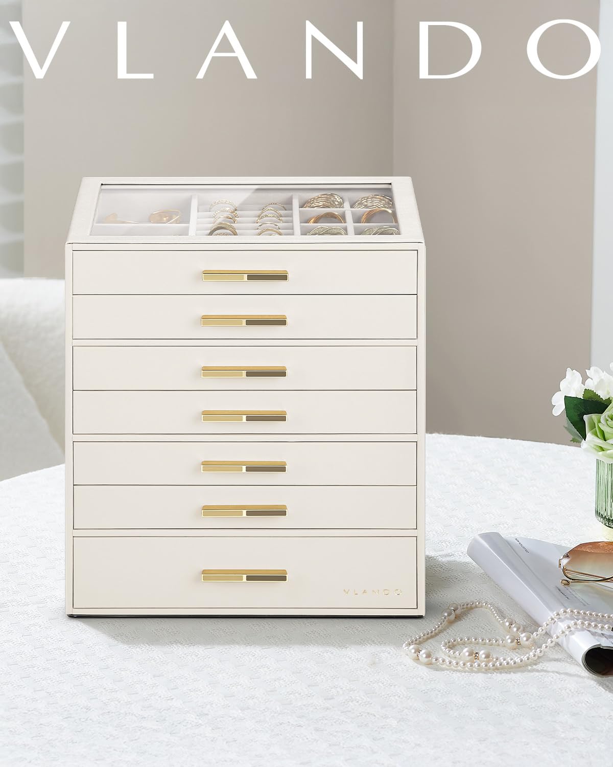 VLANDO Boîte à bijoux à 7 niveaux, boîte à bijoux, rangement de bijoux, organiseur de bijoux avec couvercle en verre, pour colliers, boucles d'oreilles, montres, bracelets, moderne, beige