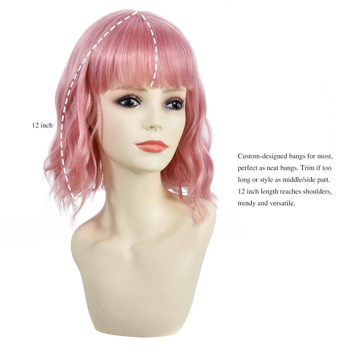 BUYOGET Wavy Bob Wig with Bangs Synthetic Hair Shoulder Length 12 Inch Short Curly Wigs for Women Natural Pink - Image 3