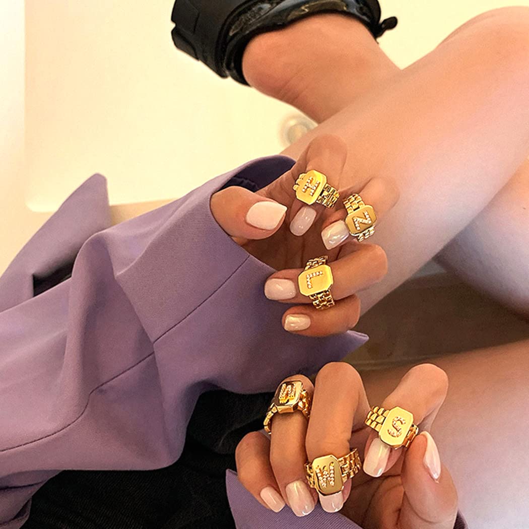 Anillos con Inicial para Mujer, Anillo con Letra Inicial de Oro Grueso para Adolescentes y niñas, Anillos Ajustables con Alfabeto AZ para Mujeres y niñas, joyería chapada en Oro de 18 Quilates
