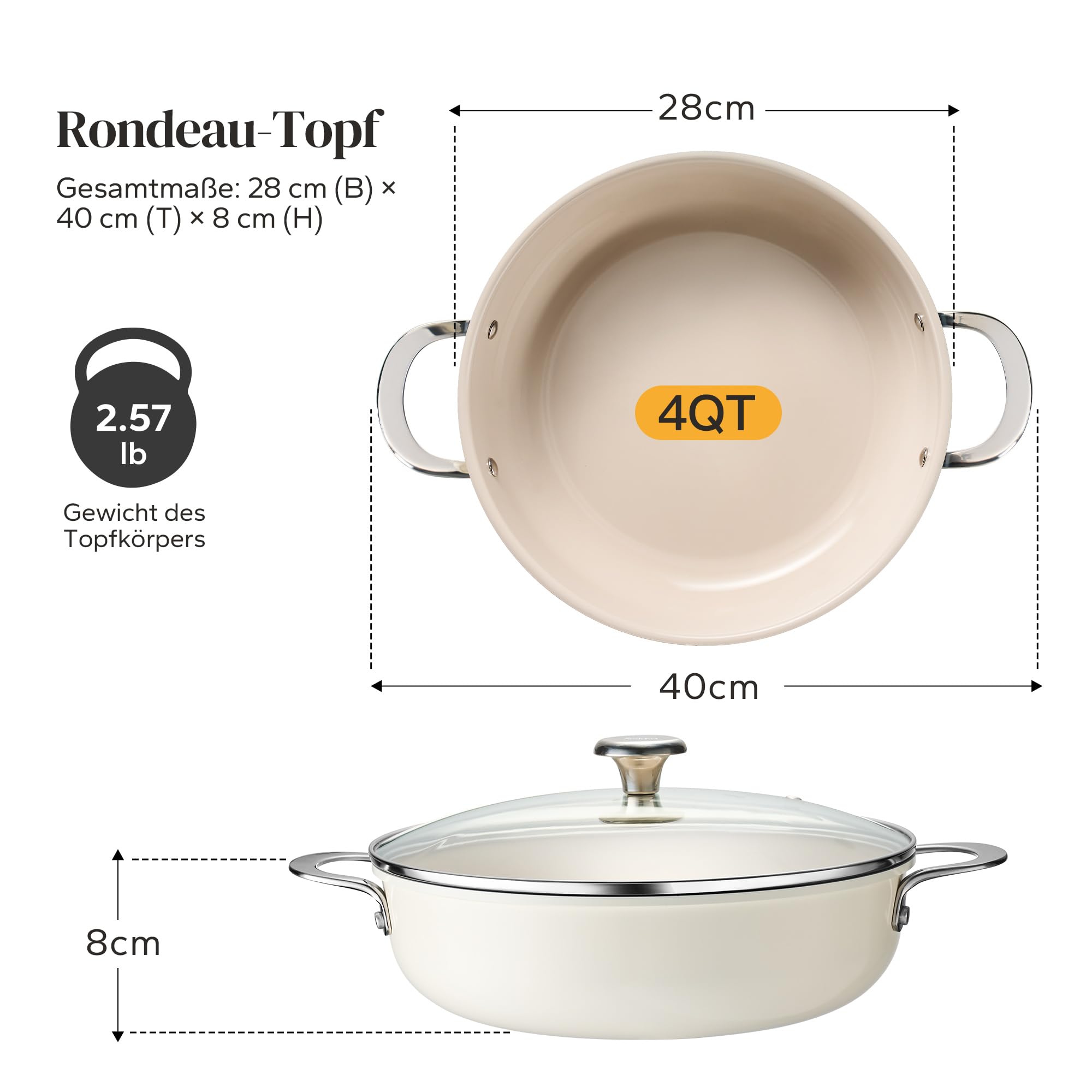 Redchef Padella per stufare, 28 cm, bordo alto, con coperchio, 3,85 l, antiaderente in ceramica, senza PFOA/PTFE/PFAS, manico in acciaio inox, lavabile in lavastoviglie, per cucinare arrosti, beige