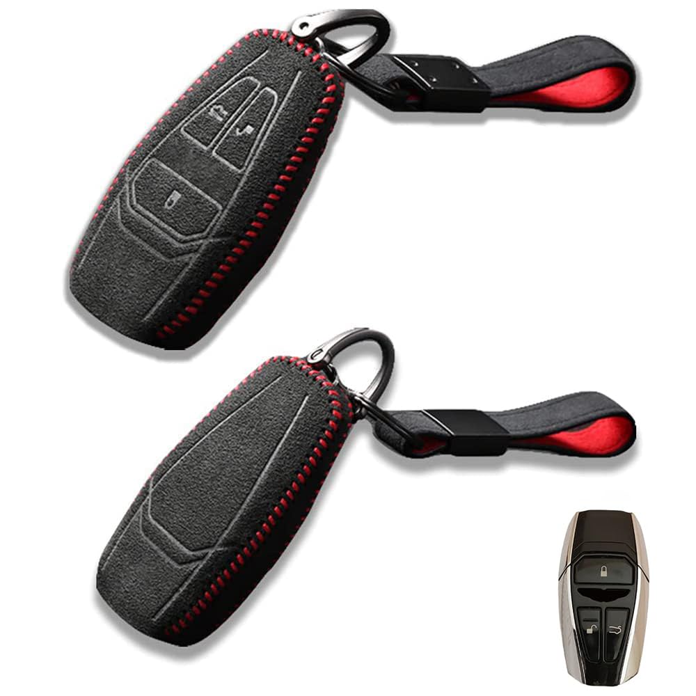 Premium Handmade Luxury Suede Smart Car Key Fob Case Shell Cover Fit for Aston Martin DB11 DBS Superleggera New Vantage With Leather Keychain(Black With Red)