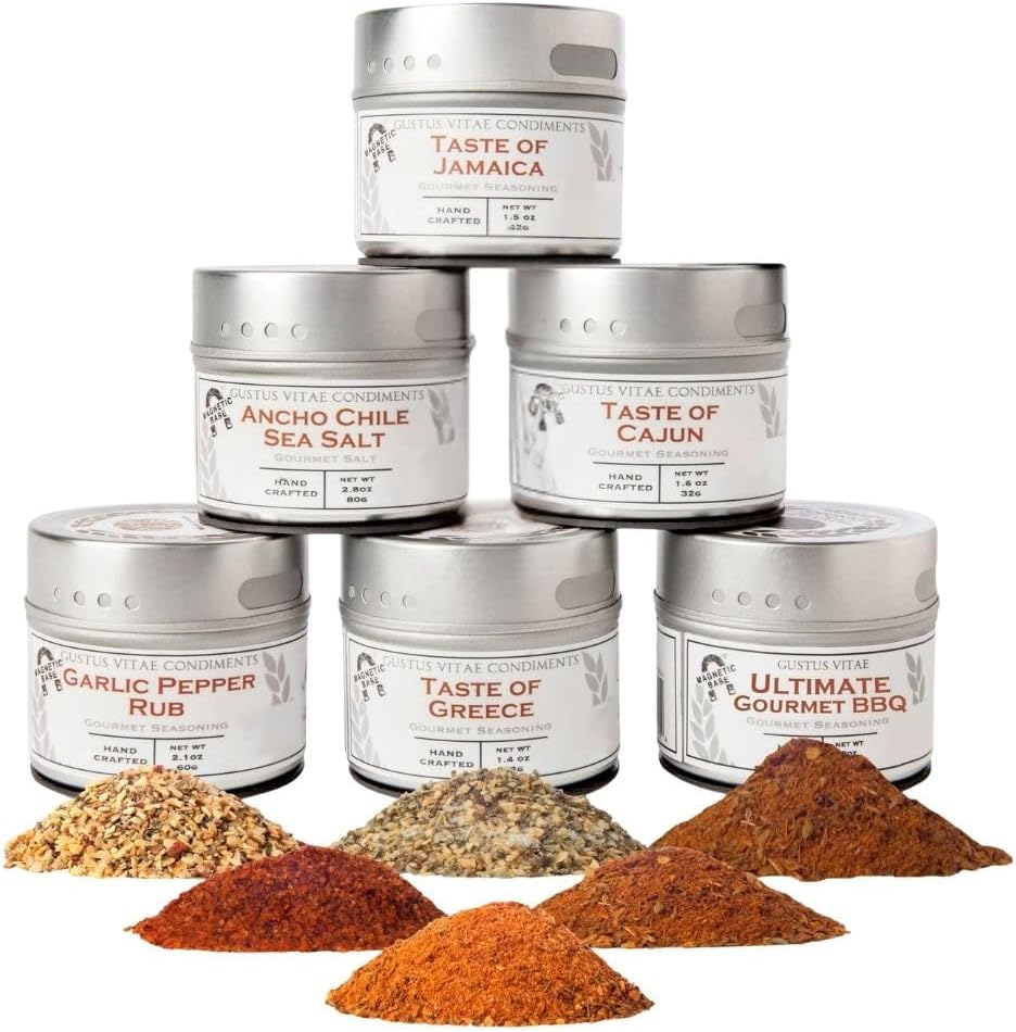 Ultimate Gourmet BBQ Seasoning Collection | Non GMO | All Natural | 6 Magnetic Tins | GLP-1 Friendly | Ultra Premium | Sustainably Sourced | Artisanal Salts & Spice Blends | Hand Crafted | Small Batch | Gustus Vitae | All Occasion Gift