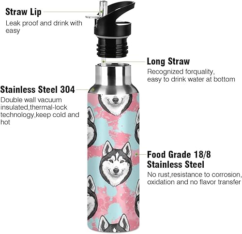 Miniatura 3 de Black White Husky Dog Insulated Stainless Steel Water Bottle with Straw 20 Oz, BPA-Free Sport Water Bottle Insulated Leakproof Water Bottles