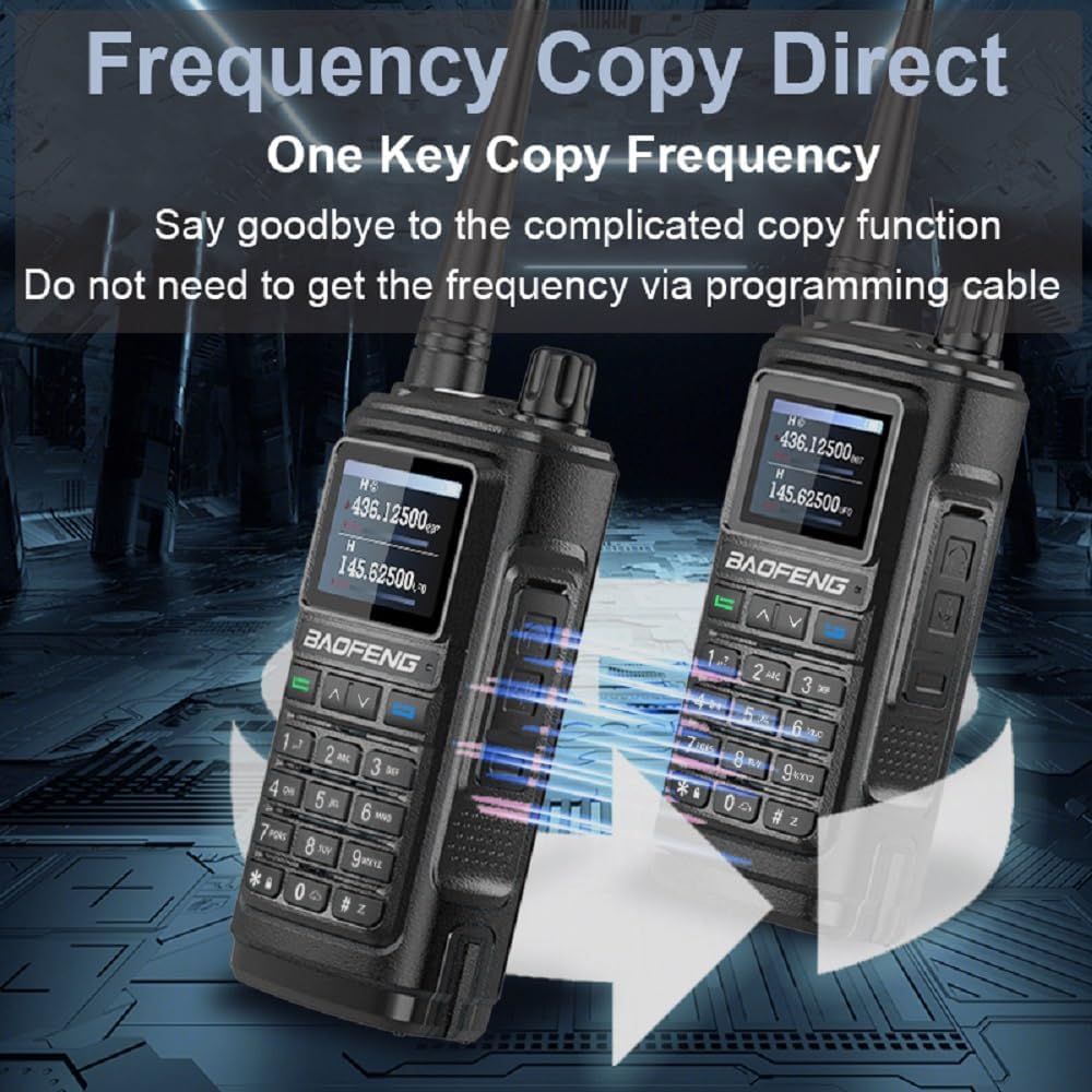 Two BAOFENG UV-17 radios demonstrating the one-key direct frequency copy function, allowing programming without a cable.
