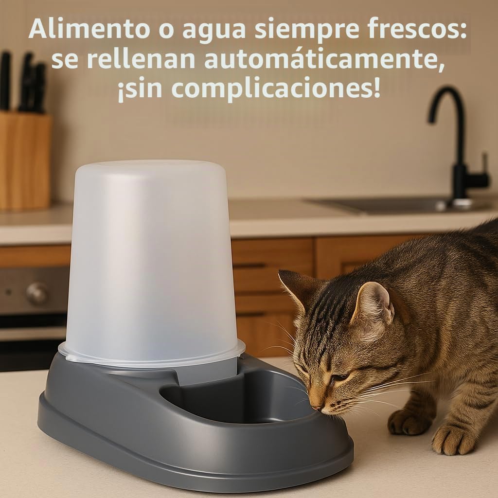 Flamingo Dispensador de Comida y Agua Raja - Gris - Automático y Práctico - Capacidad 2.5 L - Ideal para Chihuahua, Teckel, Beagle, Bulldog Francés, Maine Coon y Siamés