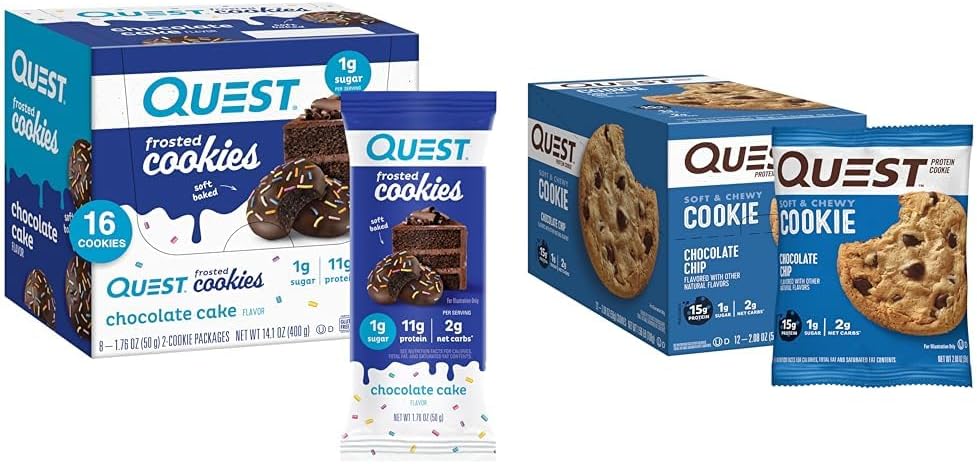 Quest Nutrition Frosted Cookies Twin Pack, Chocolate Cake, 1g Sugar, 11g Protein, 2g Net Carbs + Quest Nutrition Chocolate Chip Protein Cookie, 12 Count