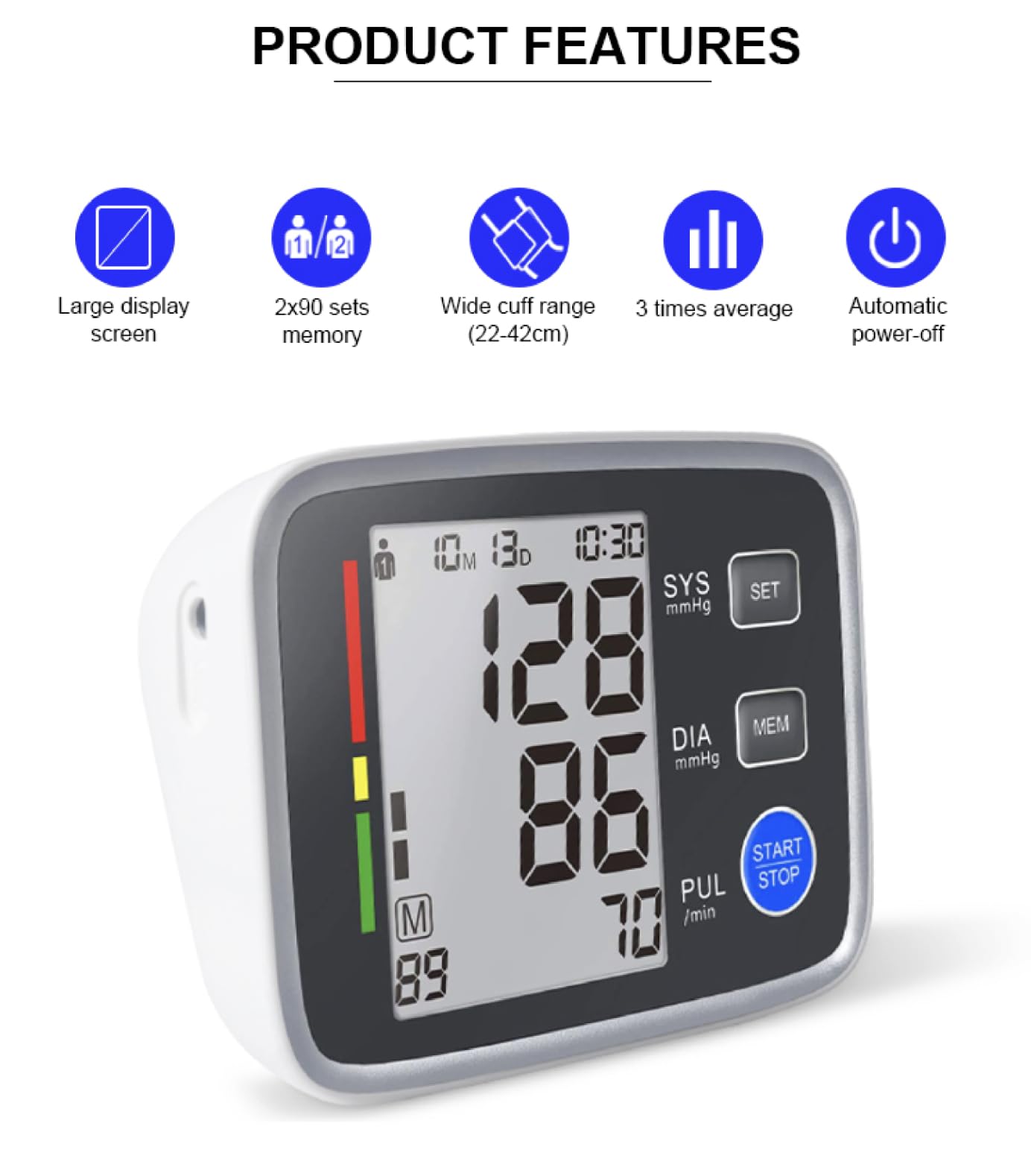 Ciśnieniomierz na ramię – monitor ciśnienia krwi i tętna – duży wyświetlacz LCD – opaska na ramię 22 – 42 cm – do użytku domowego