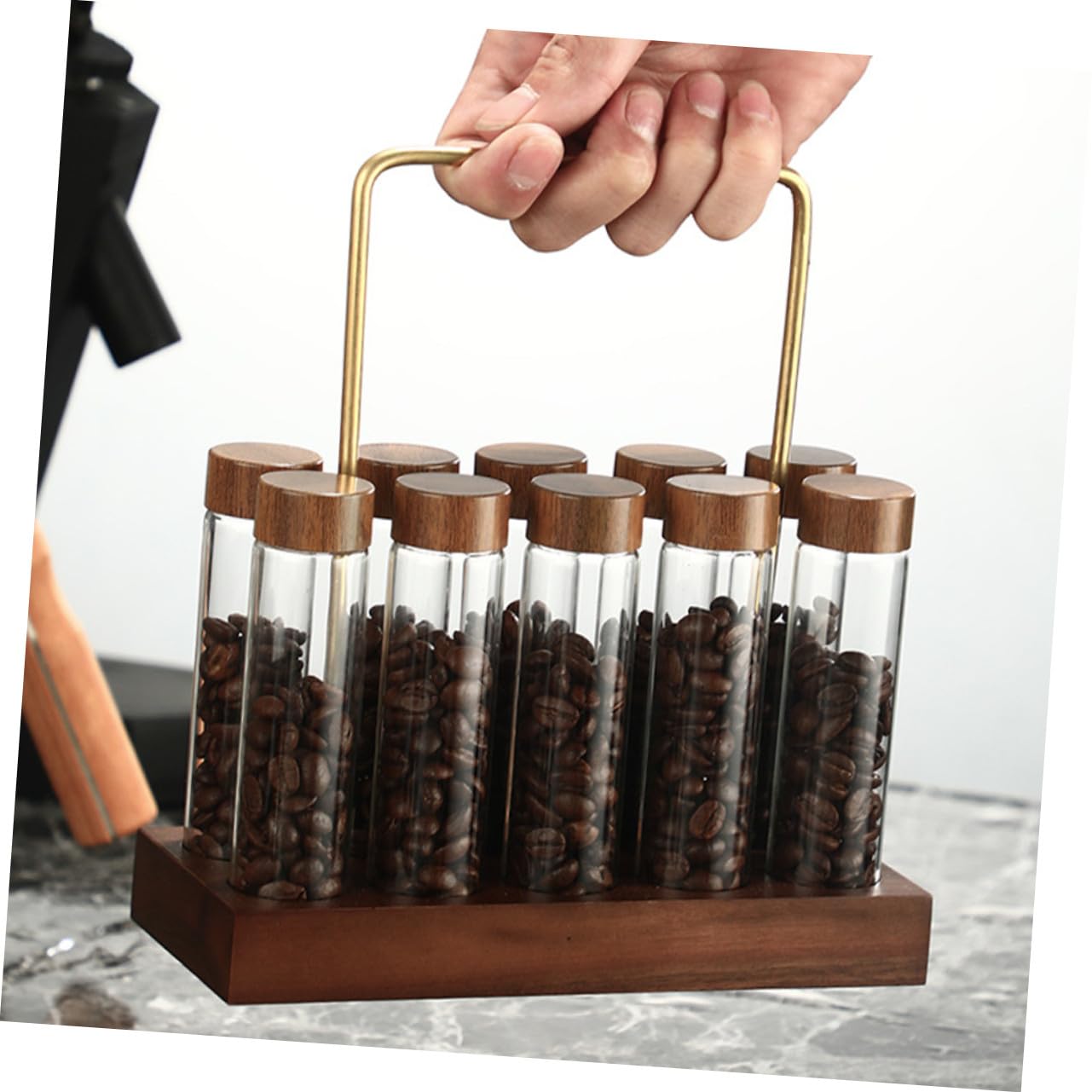 NOLITOY Kaffeebohnen Aufbewahrungsröhrchen aus Glas mit Holzständer Luftdicht Verschlossene Aromaflaschen Reagenzglas Satz für Kaffeegenuss und Vorrat