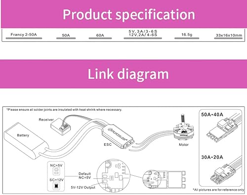 Miniatura 7 de Francy2 50A sin escobillas ESC controlador de velocidad compatible 3-6S BEC 5V3A BL32 Dshot con XT60 y 0.138 in Bullet Plugs para RC Airplane P5B