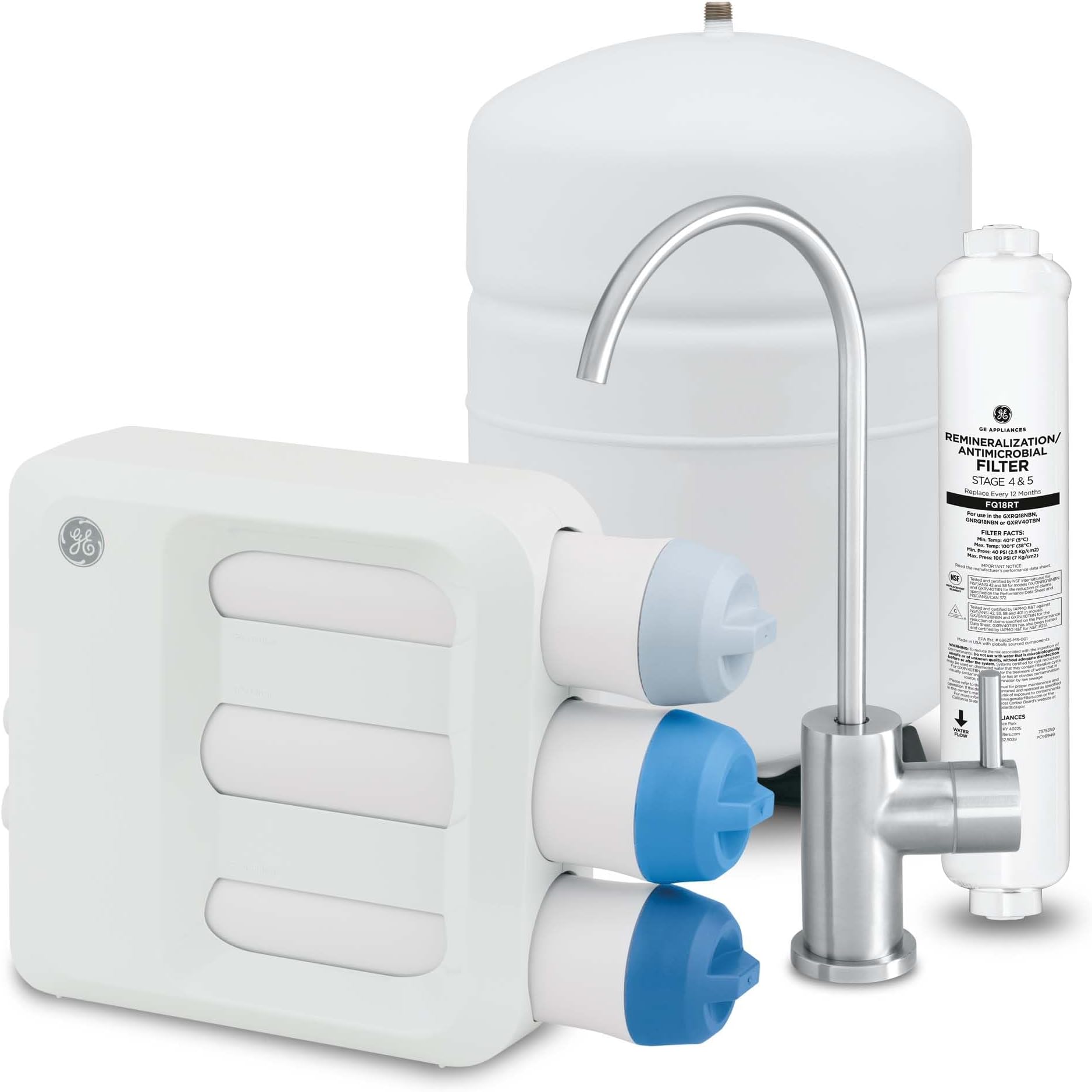 GE 5-Stage Reverse Osmosis Under Sink Water Filtration System with Faucet, Reduces 95+ Impurities including Lead, Chlorine, Arsenic, Filters FQ18PN, FQ18MN, FQ18RT, GXRV40TBN