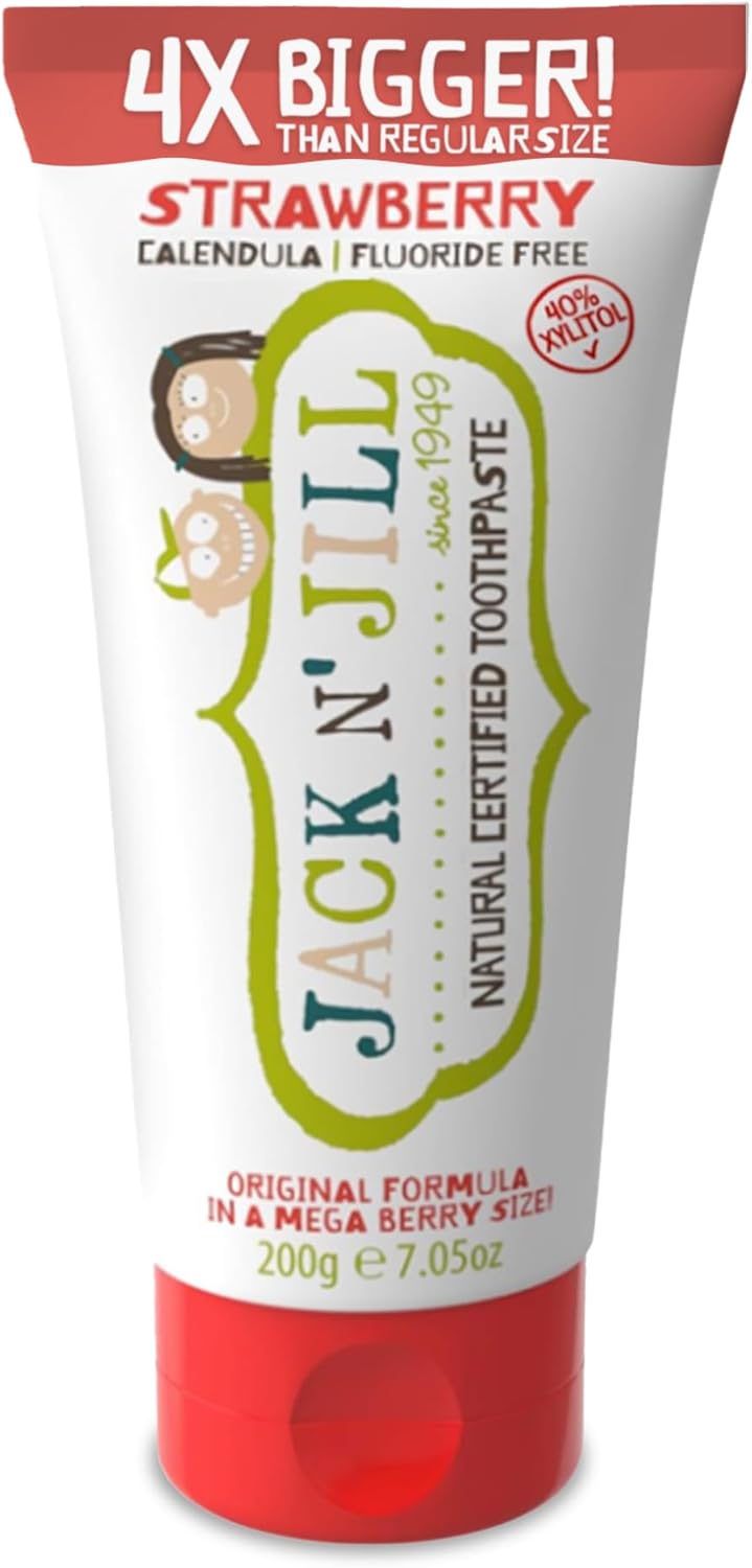 Jack N' Jill Mega Toothpaste 4x More - Natural Toddler Toothpaste for Baby, Kids & Infants 6 Months & Up, Fluoride Free Training Toothpaste for Toddlers 1-3, 40% Xylitol - Strawberry, 7.05 oz (1-Pack)