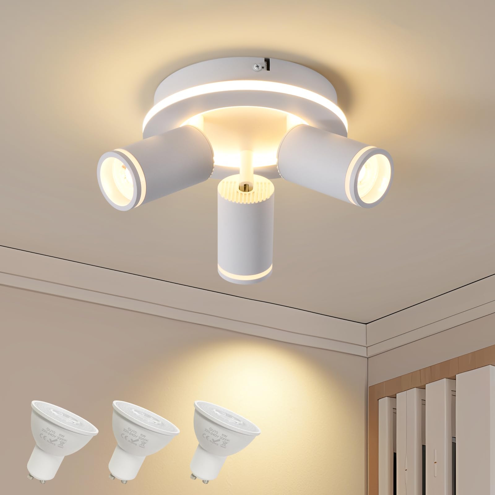 SANSHI Rotonda Faretti da Soffitto Orientabili Interno LED 3 Luce,Faretti da Parete con Inferiore 15W+3x5W,GU10 Lampadario Faretti,Moderna Plafoniera Faretti Bianco Caldo 3000K per Cameretta,Bianco