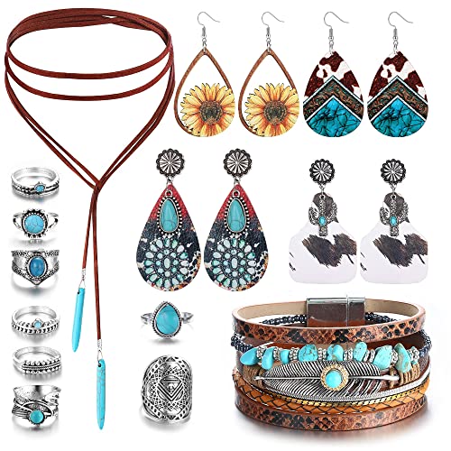 MILACOLATO Joyería Occidental para Mujeres Turquesa Colgante Collar Western Drop Dangle Pendientes Turquesa Faux Cuero Pulseras en Capas Boho Knuckle Rings Set Bohemian Jewelry Set