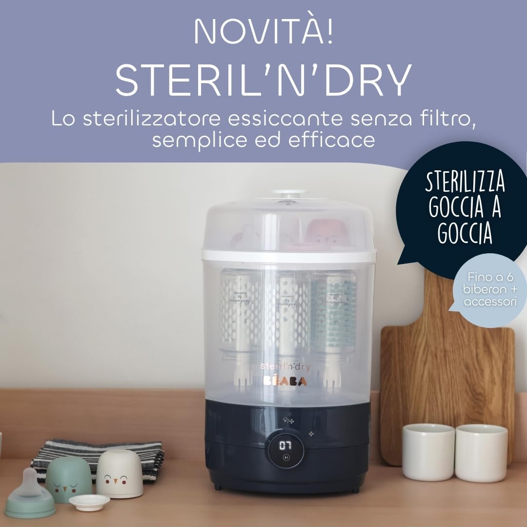 BEABA Sterilizzatore biberon e Asciuga per Accessori 2 in 1, 2 Scomparti, 3 Modalità Senza Filtro, Regolabile, Facile e Veloce, Steril'n'dry, Blu Notte