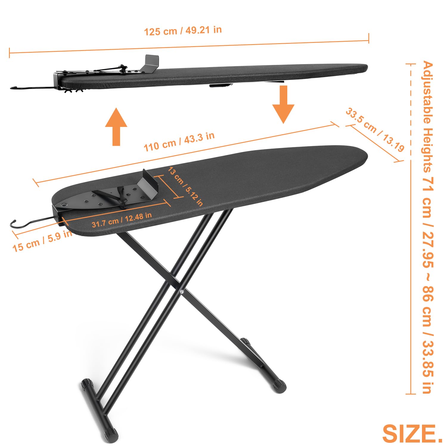 Duwee Bügelbrett mit Drehbarer Bügeleisenhalter, Stabiles Gestell, 109x33cm | Schwarzes Bügelbrett mit Hitzebeständigem Bezug und 10 mm Dicker Filzauflage, Bügelbretter mit 7 Verstellbaren Höhen