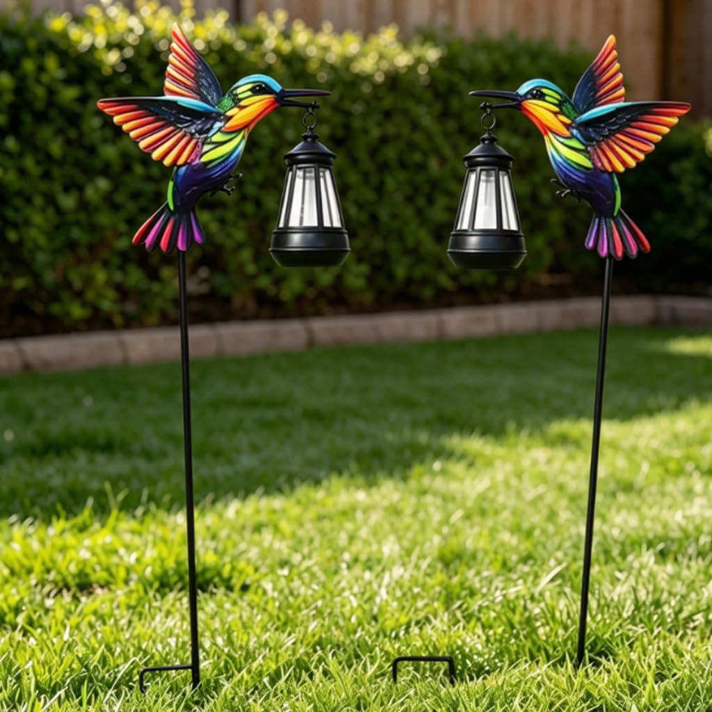 Solar Hummingbird Lights Outdoor Waterproof, Metal Garden Stake with Solar Lantern, Hummingbird Solar Light for Yard Patio Lawn Decor