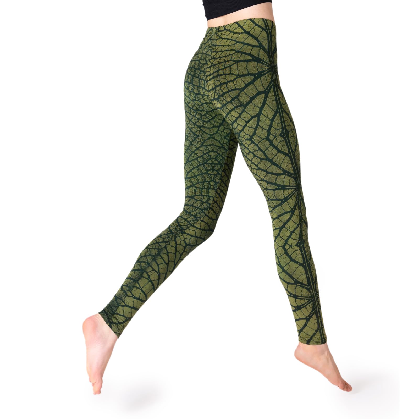 PANASIAM Batik Leggings Liści damskie - legginsy ze strukturą liścia - Do jogi, sportowe, fitnessu - naturalny materiał - wygodny - sportowy - modny
