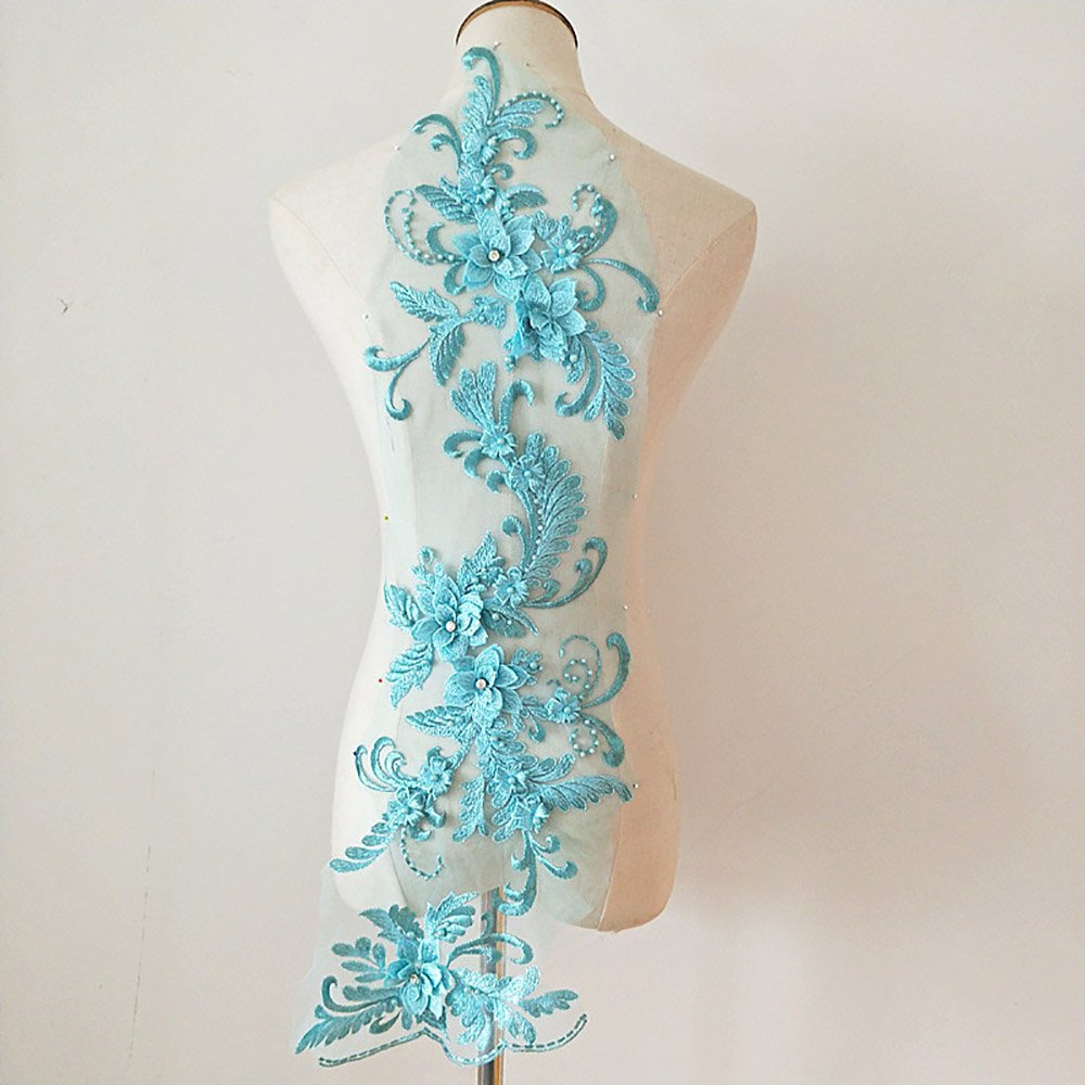 3D Beaded Flower Sequence lace Applique Motif Sewing Bridal Wedding 3in1 20cmx72cm (Aqua Blue)