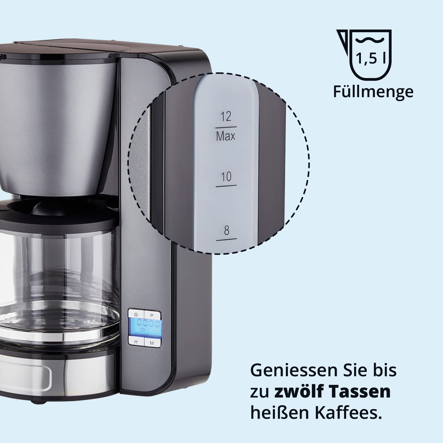 KHG Kaffeeautomat KA-124 (GE) aus Metall in grau, Kapazität für 12 Tassen, mit Glaskanne 1,5 Liter, Warmhalteplatte, Abschaltautomatik, Wasserstandsanzeige, Tropfstopp