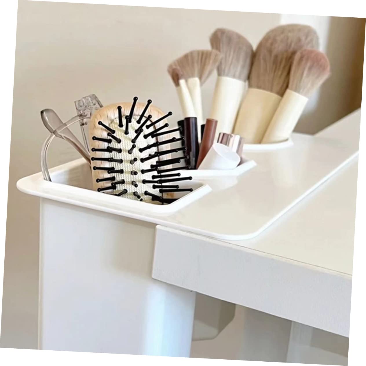 Portapenne da Scrivania in Plastica Bianca 2 Pezzi 3 Scomparti | Organizer da Tavolo per Desktop, Facile da Pulire, per Professionisti e Utenti Make-up