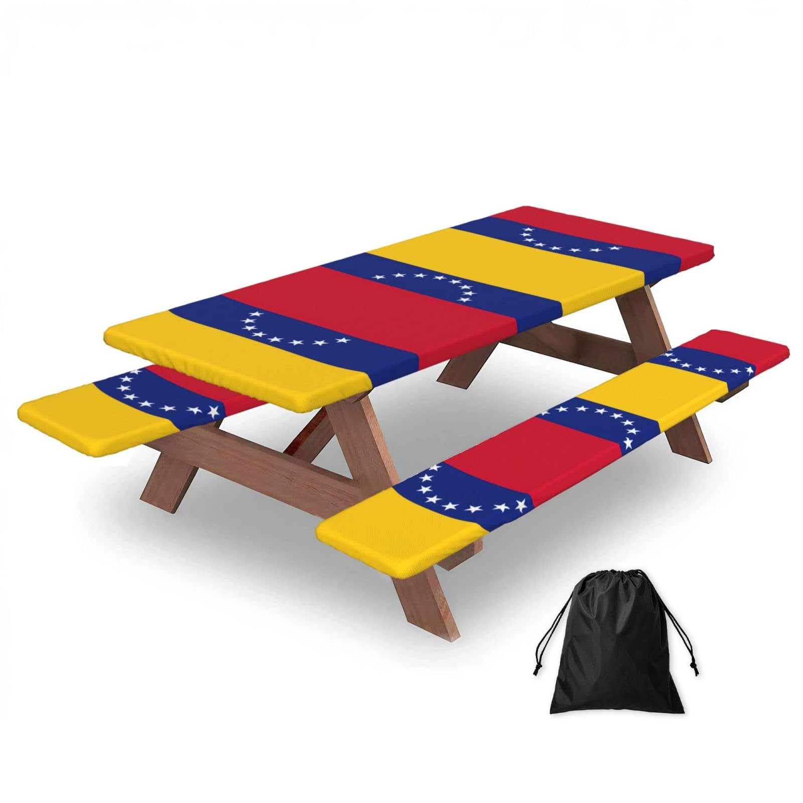 Duwaa Black Flag Of Venezuela Print 183Cm Picnic Table Cover With Bench Covers, Waterproof Elastic Tablecloth Set For Outdoor