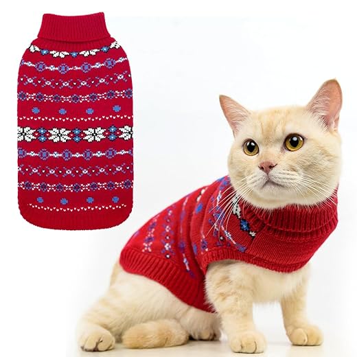 BINGPET Cat Clothes Turtleneck Knitted Sleeveless Cat Sweater - Christmas Outfit for Sphynx & Kitten Puppies(Red,Medium)