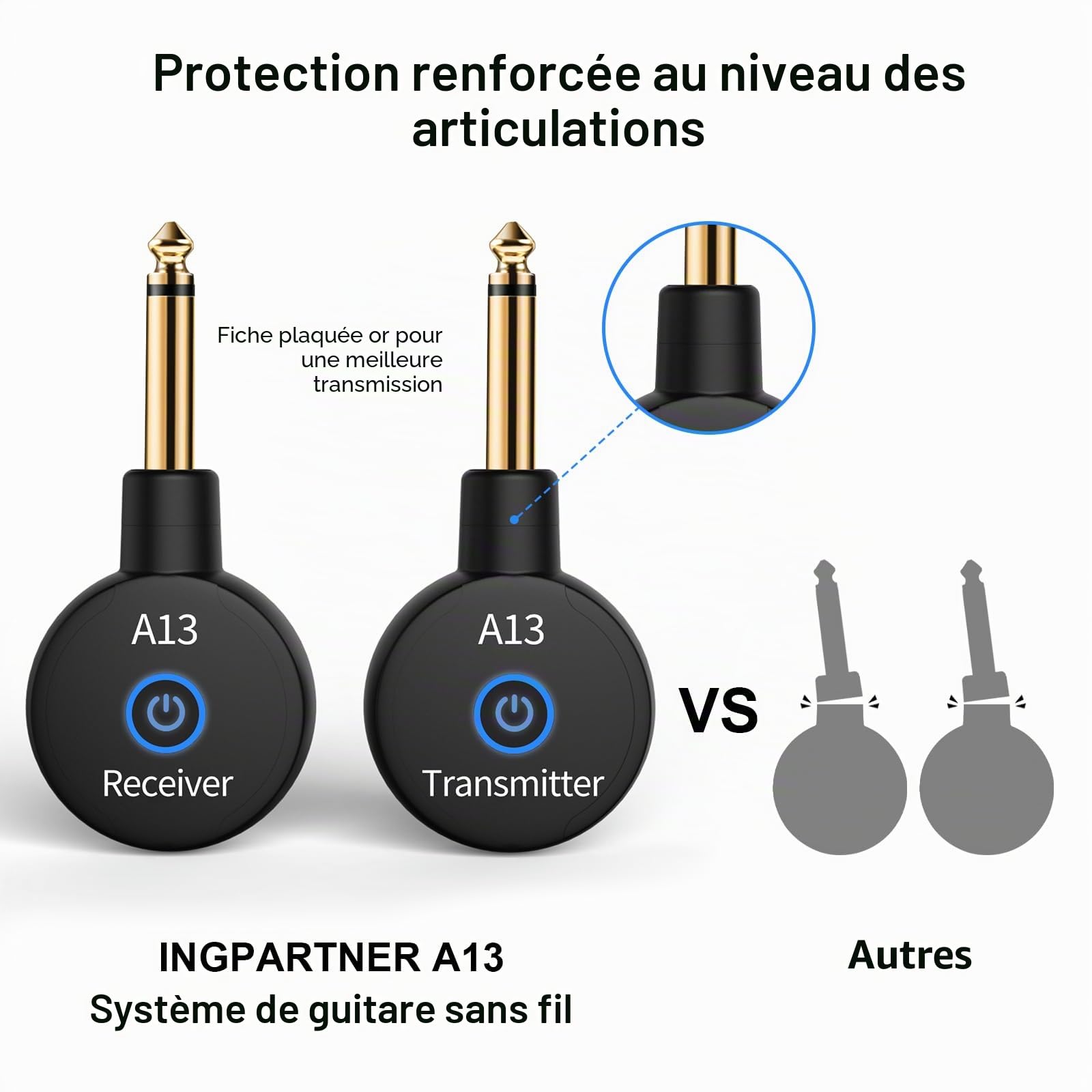A13-2 Système de guitare sans fil 2,4 GHz 2 modes, taille du pouce, batterie Li-ion rechargeable, portée de 100 m, 10 heures, Plug & Play pour guitare, basse, violon (1TX + 1RX)