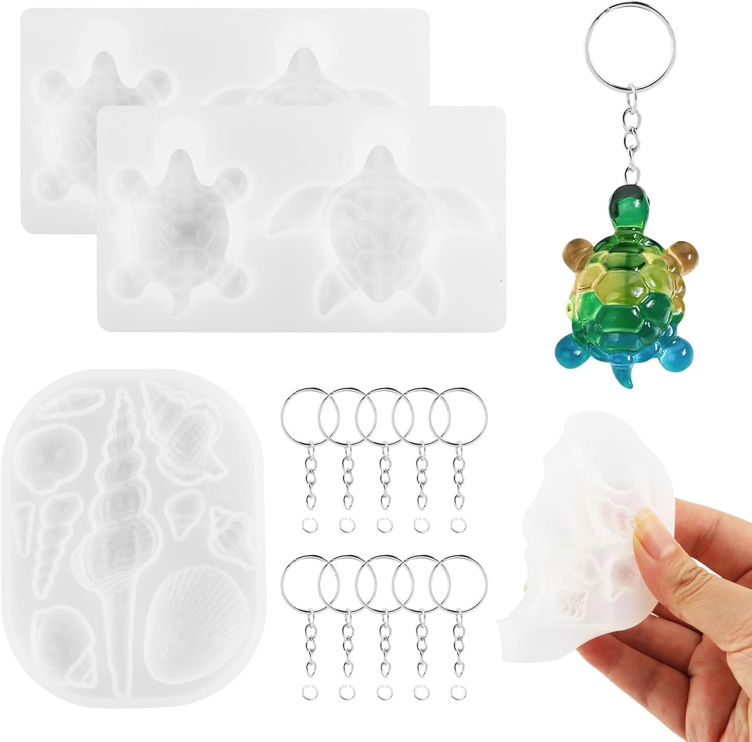 13 Pcs Mini Turtle Resin Molds with Seashell Conch Tool & 10 Keychains