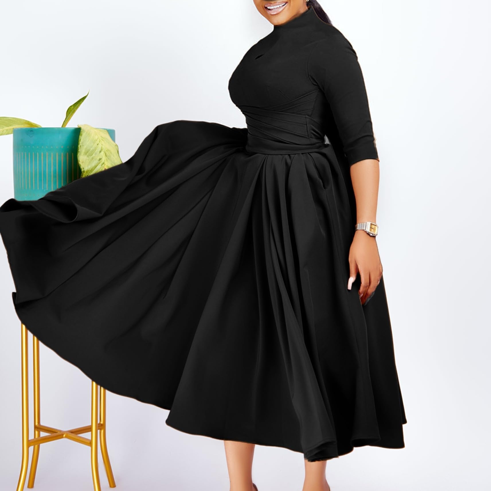 Amazon.com: GHAKKE Women's Fashion Plus Size Solid Color Dress Elegant Long  Sleeves High Waist Bodycon Flowy Big Swing Fall Midi Dresses (Color :  Black, Size : 3X-Large) : Clothing, Shoes & Jewelry