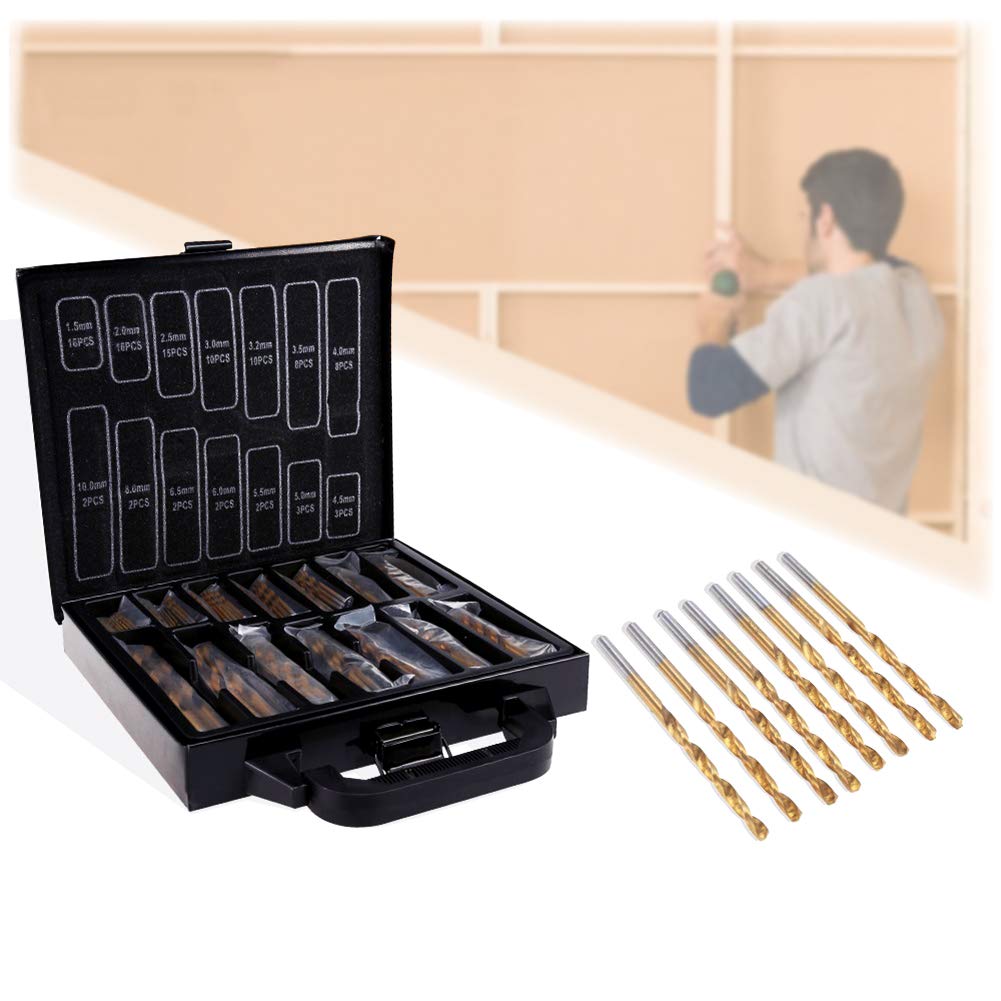 Set punte da trapano HSS, Twist Drill Bit Set Superficie rivestita in titanio Confezionamento di scatole di ferro, 1.5-10mm (99 pezzi)