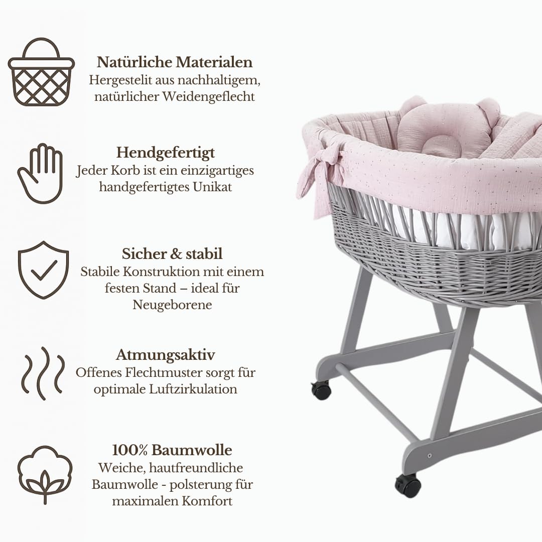 Wózek wiklinowy ze stelażem i materacem Amelia – kosz Mojżesza w kolorze szarym – zestaw pościeli muślinowej w kolorze złoto-fioletowym – kosz wiklinowy, przenośny, idealny dla noworodków