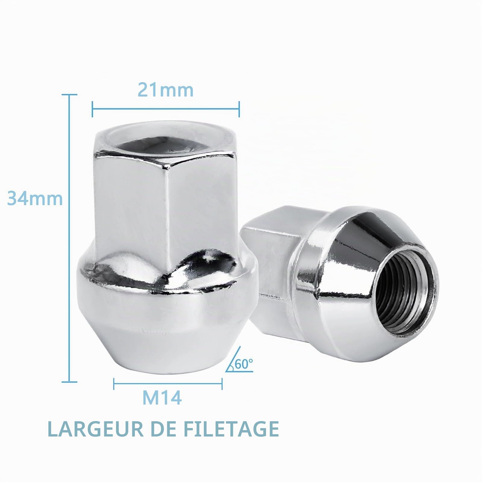 Lot de 20 écrous de roue M14 x 1,5 60° coniques fermés écrous de roue SW 19 mm pour Chrysler, Ford Galaxy, S-Max, Land Rover, Opel (argenté)